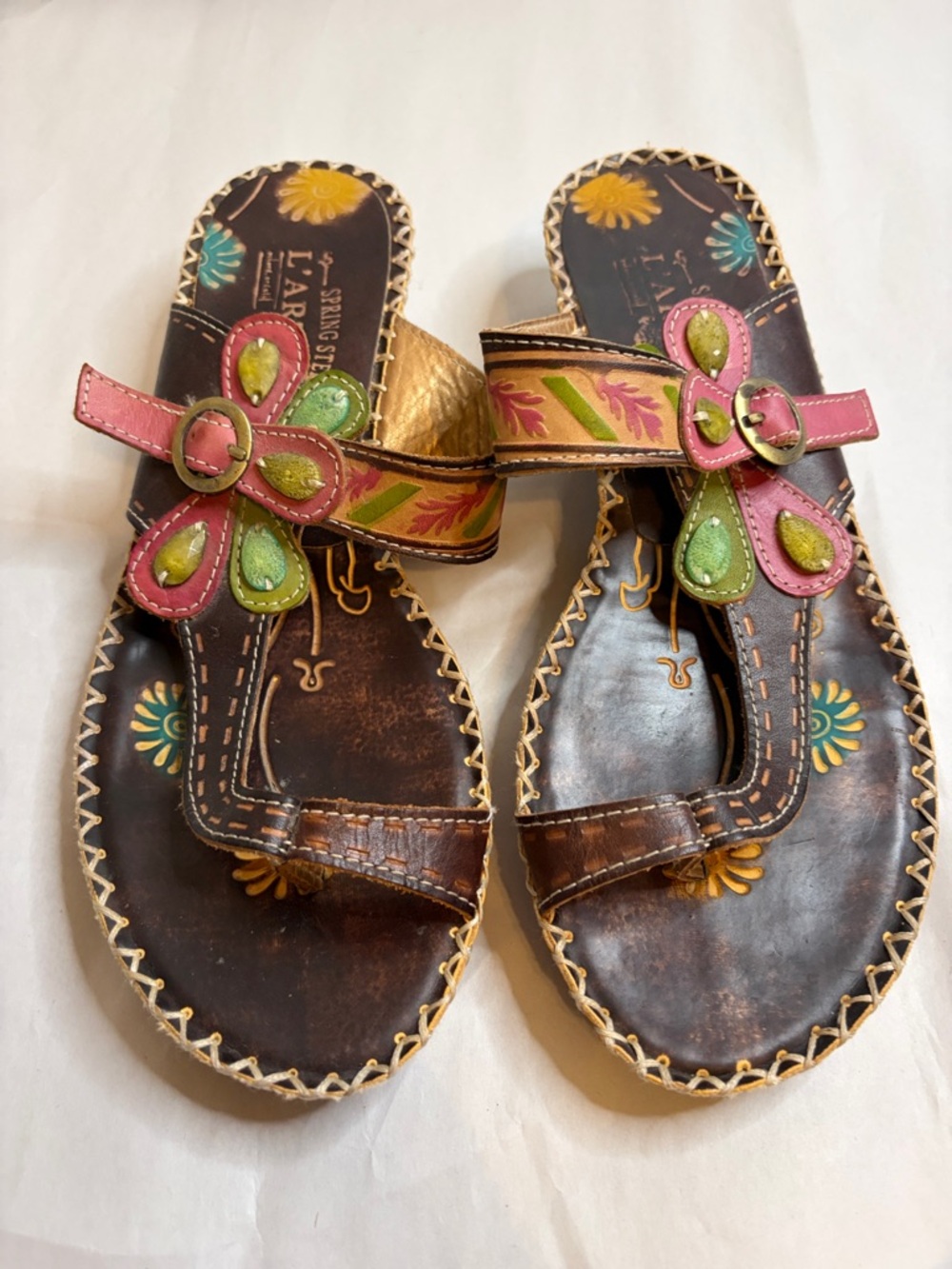 Women's Floral Leather Slide Sandals in Brown, Pink & Green